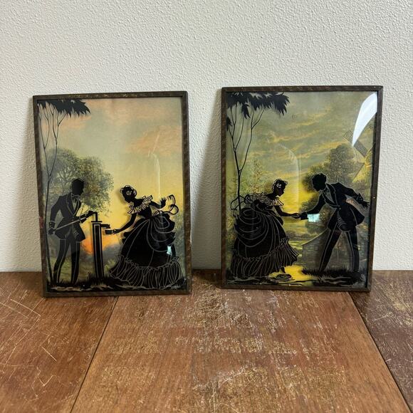 Vintage Mid Century‎ Victorian Couple Silhouettes on Convex Glass Metal Frames - Picture 1 of 8